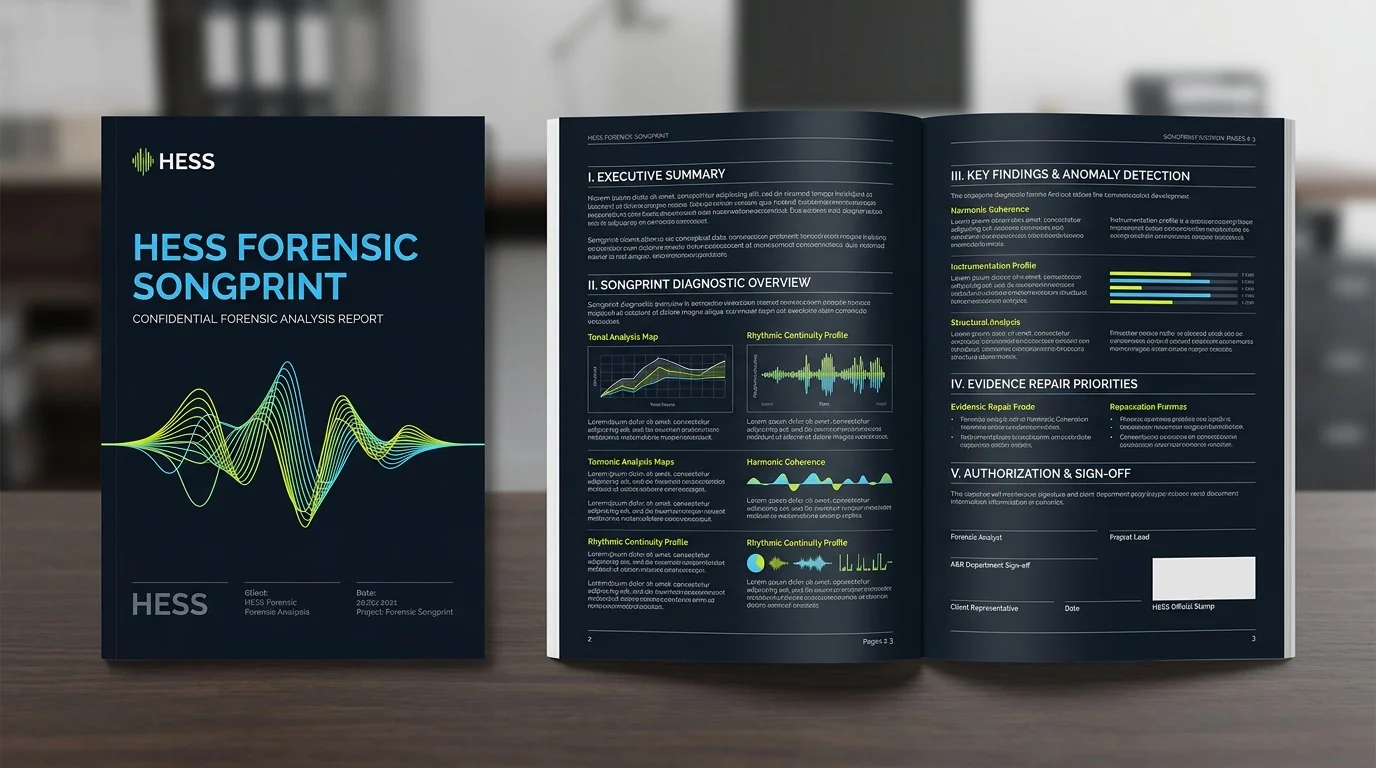 Representative HESS Forensic Songprint document layout preview; illustrative only, not a live client report or scoring output